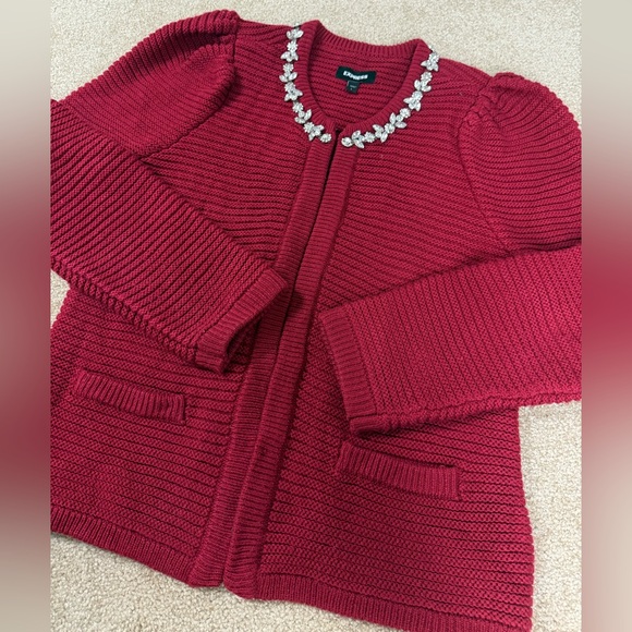 Express Red Jewel Embellished Holiday Christmas Cardigan Sweater Women’s L‎ - Picture 7 of 11